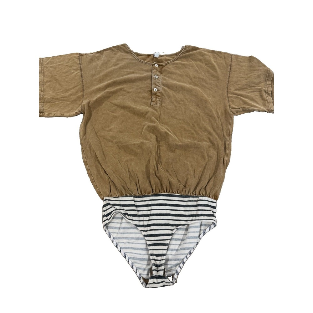 Intimately Free People Henley Bodysuit XS Camel Tan Striped Bottom Short Sleeve